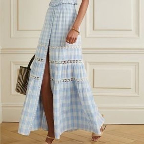 LoveShackFancy Dresses & Skirts - Loveshackfancy Bellarose Crochet Gingham Cotton Maxi Skirt Blue Patriot